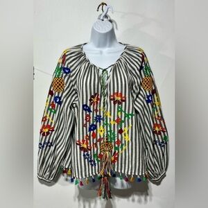 Stellah Anthropologie Striped Multicolor Floral Embroidered Top Size Small‎